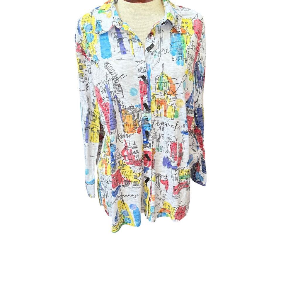 Ali Miles Button Down Colorful Soft Knit Paris City Scene Art To Wear Size Large